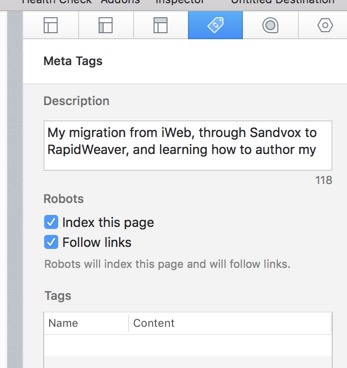 Good Description in RapidWeaver Page Inspector Meta Tags 