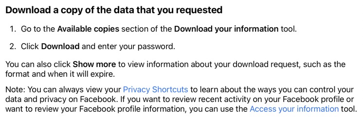 Facebook - Download a copy of the data that you requested
