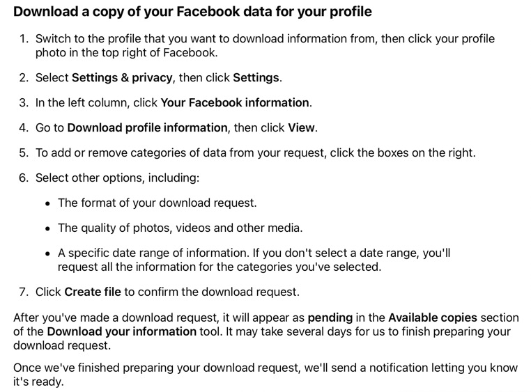 Facebook - Download a copy of your Facebook data for your profile